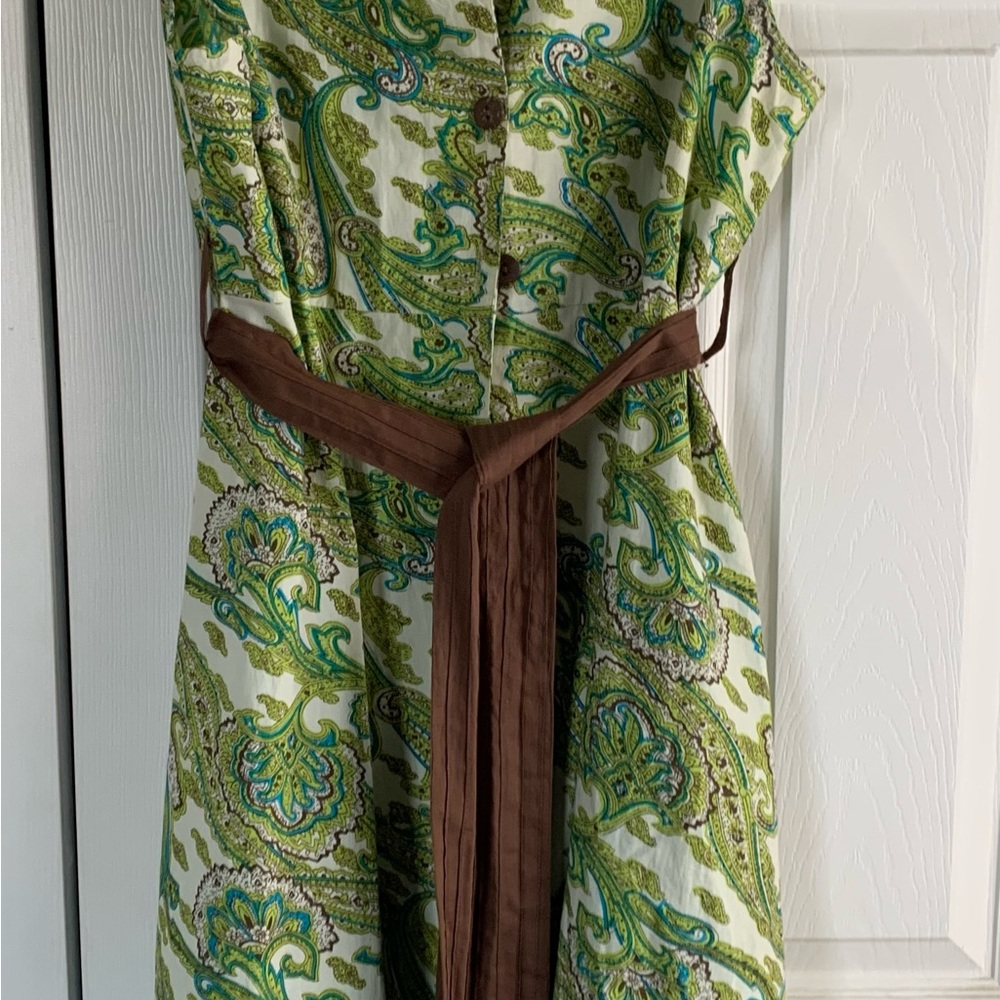 KENMAR | 100% linen | Medium | sleeveless summer dress green paisley,brown belt